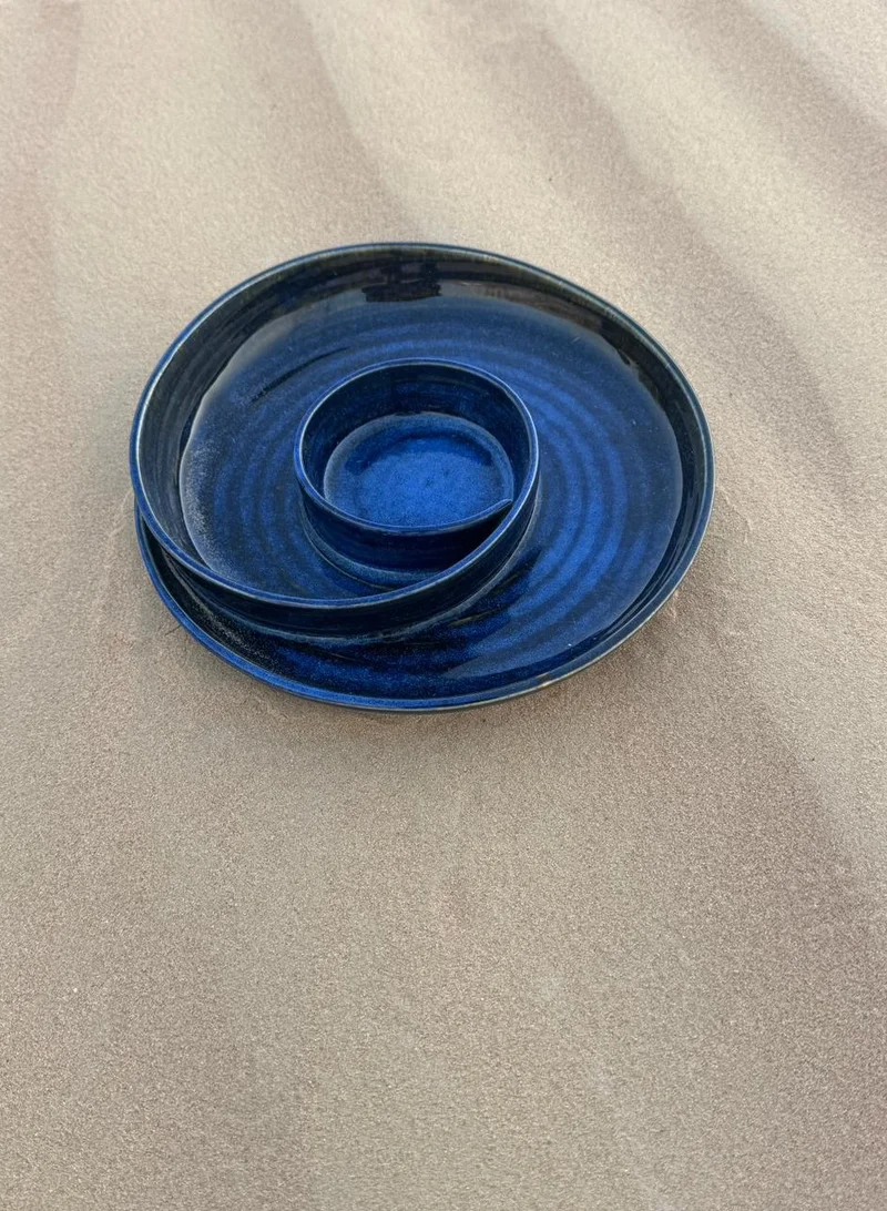 تحفة لوكس صحن توهفة لوكس حلقة – أدوات تقديم يدوية الصنع للرقائق والصوص بتصميم حلزوني بلون أزرق منتصف الليل